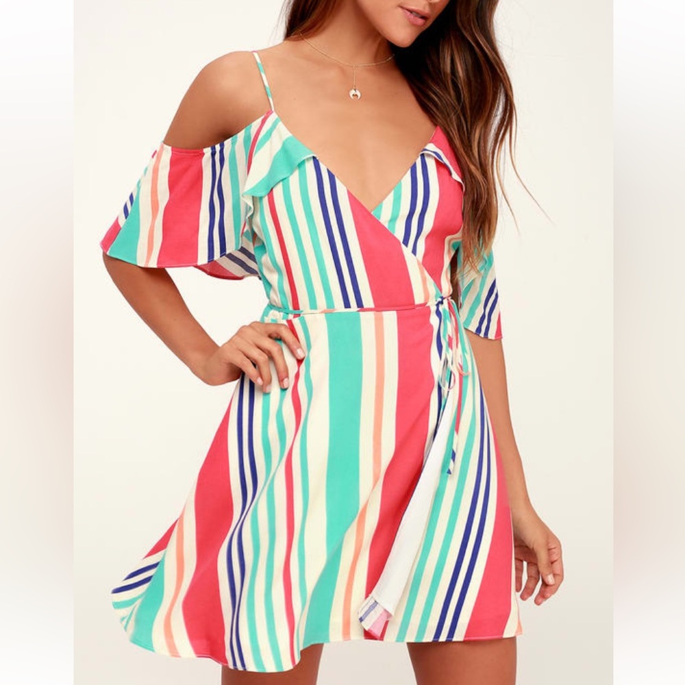 Lulus - Caliente Multi Striped Off-the-Shoulder Wrap Dress - XS